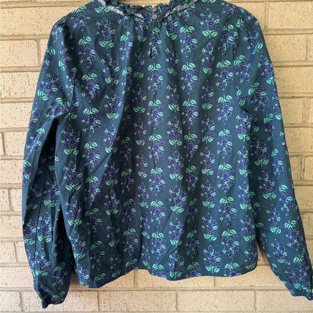 J. Crew Ruffleneck Teal Purple Floral Long Sleeve Poplin Blouse Large - Picture 5 of 9